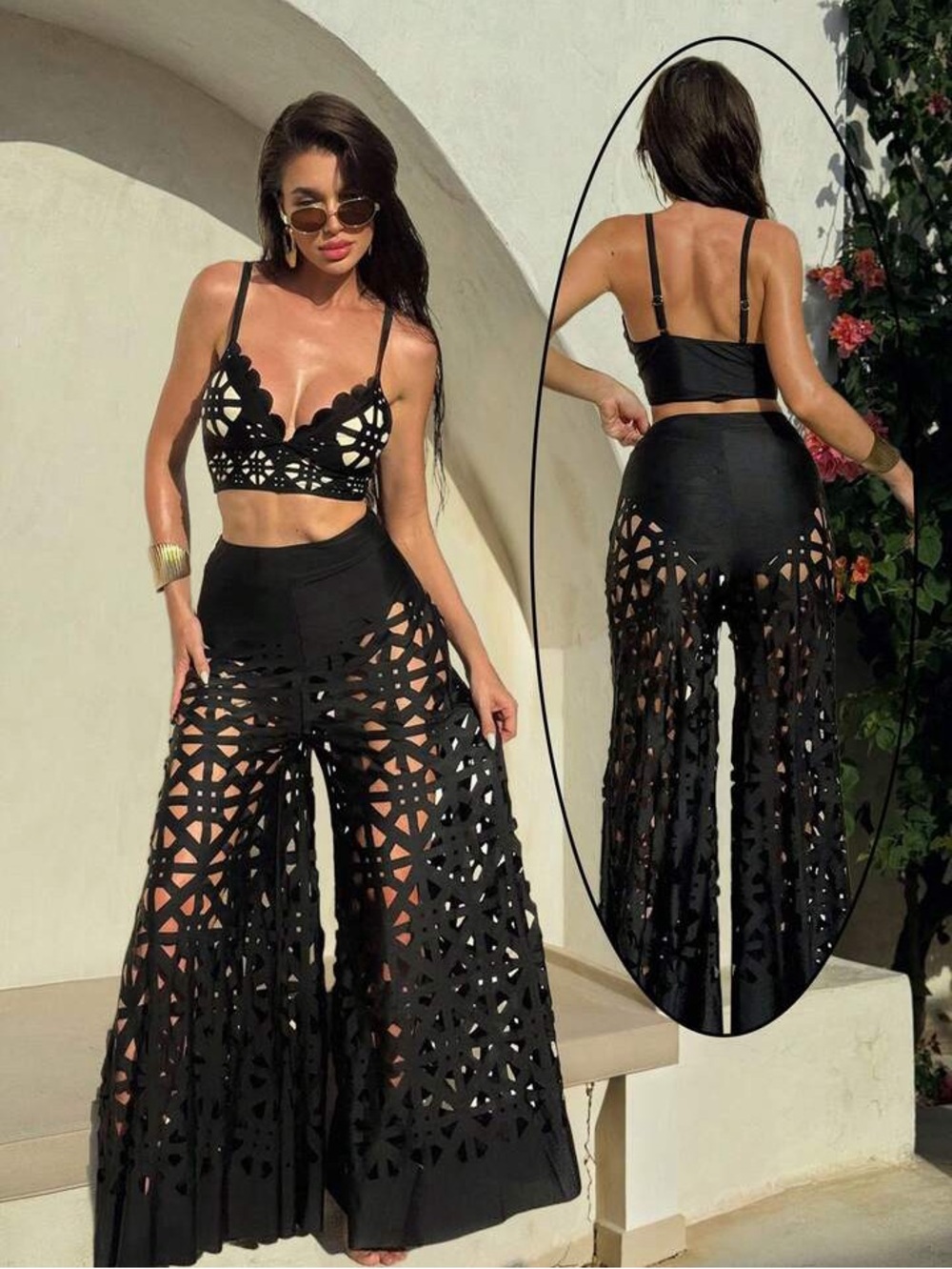 Women's Black Laser-Cut Wide Leg Pants - Chic Beach Cover-Up / swimsuit 3 pc